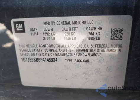 2015 Chevrolet Sonic Ltz Auto from USA, damaged, VIN 1G1JE6SB6F4145934